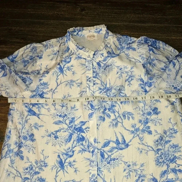 Fate Elegance In Bloom Blue Floral Bohochic Ruffle Neck Long Sleeve Blouse SZ M - Picture 12 of 13